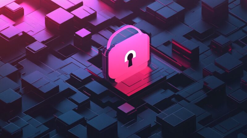 A 3D illustration of a pink padlock icon surrounded by digital blocks, representing cybersecurity and data protection. The contrast between the neon pink lock and the dark, geometric blocks emphasizes the importance of securing information in a digital landscape.