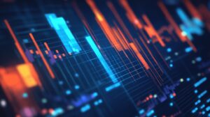 data visualization, with a focus on financial or technical metrics. It features glowing vertical bars and lines in vibrant shades of blue, orange, and purple, set against a dark background